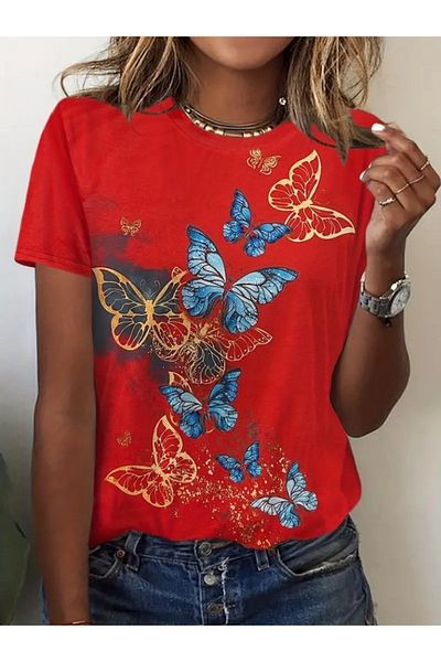 mrpurple Ahes Shopping Women's Short Sleeve Blue Yellow Butterfly Print Single Jersey Blouse