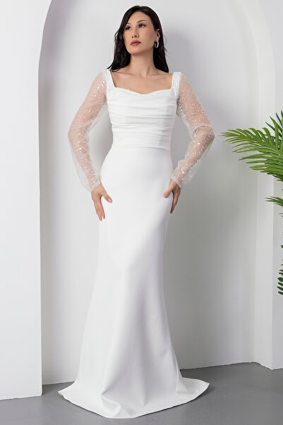 PULLIMM Kare Yaka Uzun Kol Atlas Elbise ECR5563