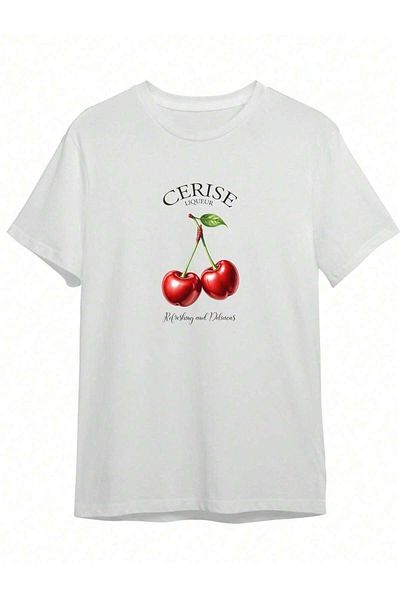 PENTHİLUS Women's 100% Cotton T-Shirt, Simple Cherry Print T-Shirt