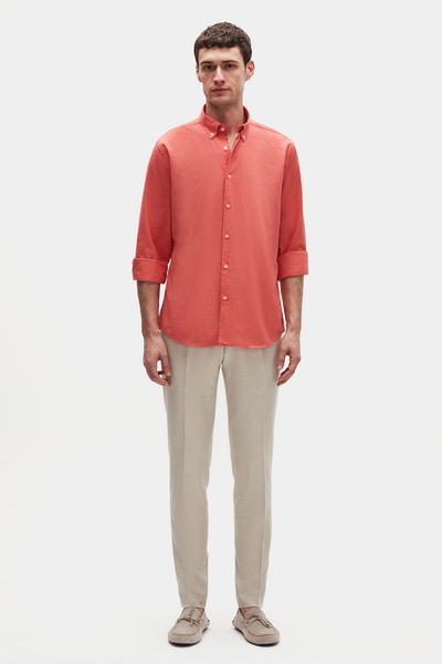 D'S Damat Ds Damat Comfort Pomegranate Blossom Buttoned Collar Relaxed Cut Linen Look 100% Cotton Shirt