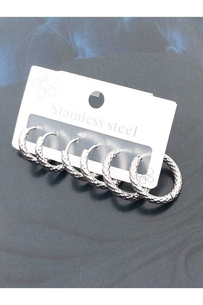 Siya Silver 3 Pairs of Patterned Steel Hoop Earrings 18-15-14 mm