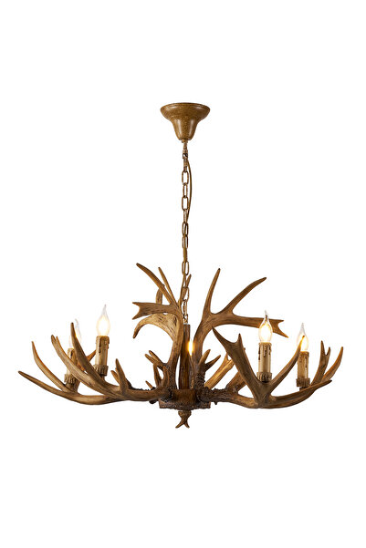 Apliqa Zoye Ahşap 5'li Geyik Boynuzu Desenli Modern Kafe Restoran. Salon Avize