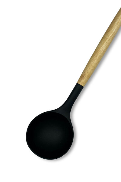 rubihome Black Hard Silicone Heat Resistant Soup Spoon with Bamboo Handle - 1 Piece