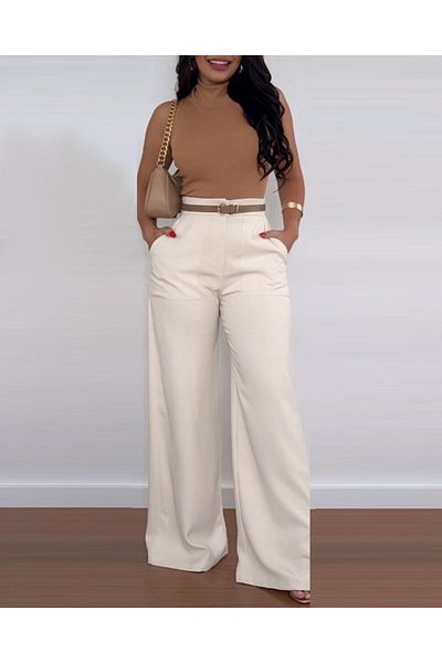 modaserdem Women's High Waist Wide Leg Detailed Imported Crepe Trousers with Pockets