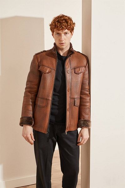 Deriderim Whiskey Bonucci Brown Furry Zippered Warm Genuine Fur Men's Coat
