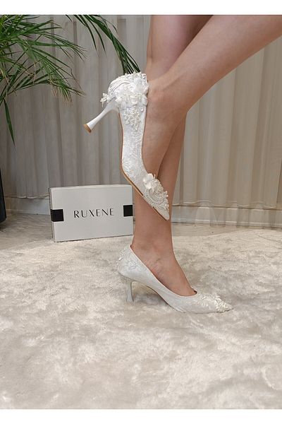 RUXENE Ever Pointed Toe Lace and Pearl Embroidered 6 cm Thin Heel Stiletto Wedding Bridal Shoes