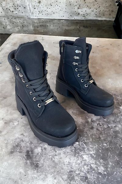 Liger Γυναικείες μπότες με χοντρή σόλα Nubuck με φερμουάρ ΜΑΥΡΟ