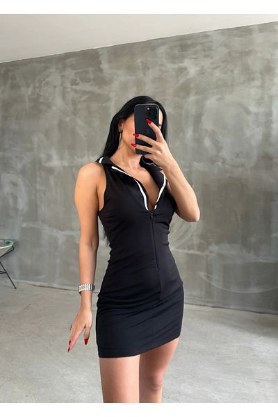 solena sln Women's Lycra Polo Neck Detail Front Zipper Mini Short Casual Dress