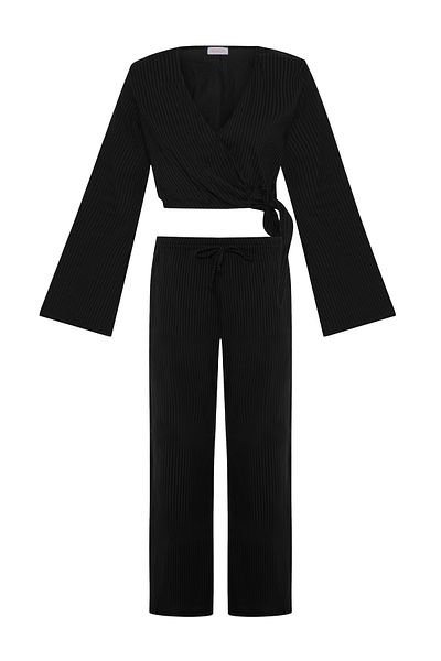 AQUELLA Textured Black Crop Top-Pants Set