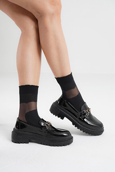 Beyond Kadın Siyah Rugan Yeni Gc Kalın Taban Loafer Makosen Ayakkabı 4,5cm Byndlfrk02