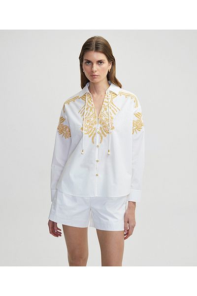 İpekyol Contrast Embroidery Tie Collar Shirt