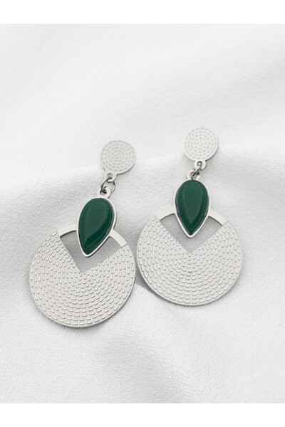 Siya Silver Kararmaz Çelik Yeşil Taşlı Otantik Sallantılı Plaka Küpe