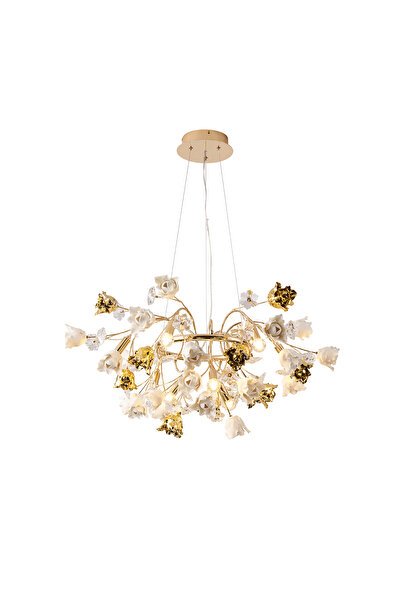Apliqa Faxon 9'lu Gold Çiçek Desenli Modern Yuvarlak Sarkıt Salon Avize