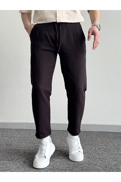 He Brand Men's Black Boyfriend Double Leg Linen Trousers