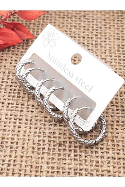 Siya Silver 3 Pairs of Patterned Steel Hoop Earrings 18-15-14 mm