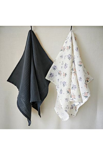 Butik Serdivan 100% Cotton Muslin Drying Cloth Set (2 Pieces) Gray and Spring Flower Patterned