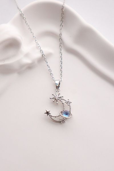 EFBUTİK Stainless Steel Silver Color Moonstone Crescent Star Necklace