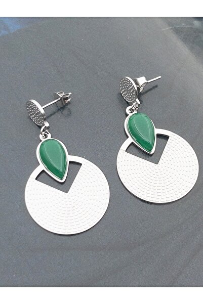 Siya Silver Kararmaz Çelik Yeşil Taşlı Otantik Sallantılı Plaka Küpe