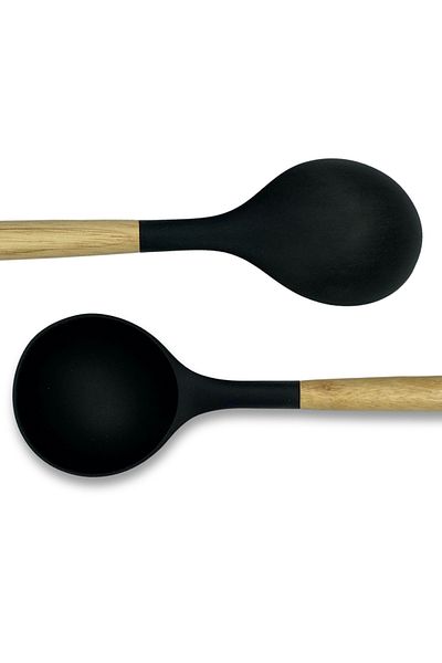 rubihome Black Hard Silicone Heat Resistant Soup Spoon with Bamboo Handle - 1 Piece