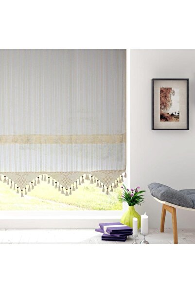 Demirhan Perde Ara Güpürlü Natural Çizgili Bohem Buldan Keten Pamuklu Tül Perde