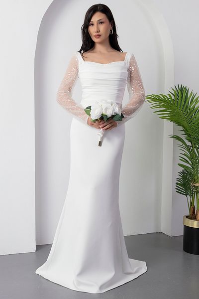 PULLIMM Rochie Atlas cu mânecă lungă cu guler pătrat ECR5563
