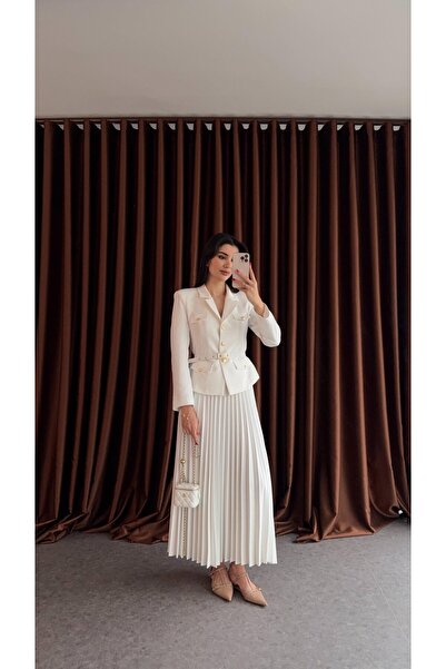 guller tekstil Women's Stylish Skirted Jacket Belt Suit