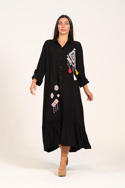 Keyifli Moda Black Long Shirt Dress with Embroidered Tassels - Epaulette and Ruffle Skirt