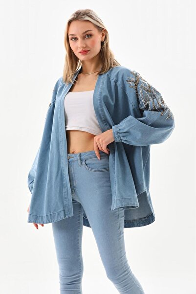 Dadali Dadali Sequin Sequin Embroidered Denim Kimono Light Blue