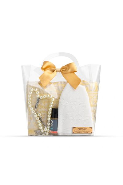 Hayrat Neşriyat Prayer Rug + Rosary + Skullcap + Essence Gift Set (Acetate Box with Bag, Gold)