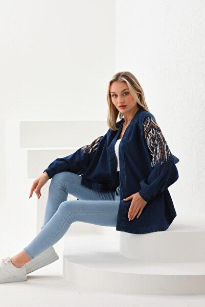 Dadali DADALİ PUL PAYET NAKIŞLI KOT KİMONO MAVİ