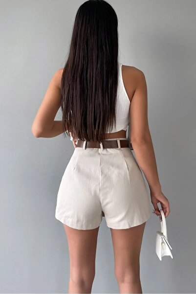 solena sln Kadın Nude Keten Kemerli Pileli Şort Etek