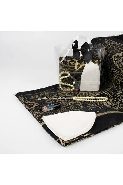 Hayrat Neşriyat Prayer Rug + Rosary + Skullcap + Essence Gift Set (Acetate Box with Bag, Black)