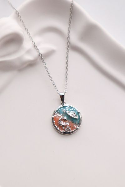EFBUTİK Stainless Steel Silver Color Silvery Saturn Moon Necklace