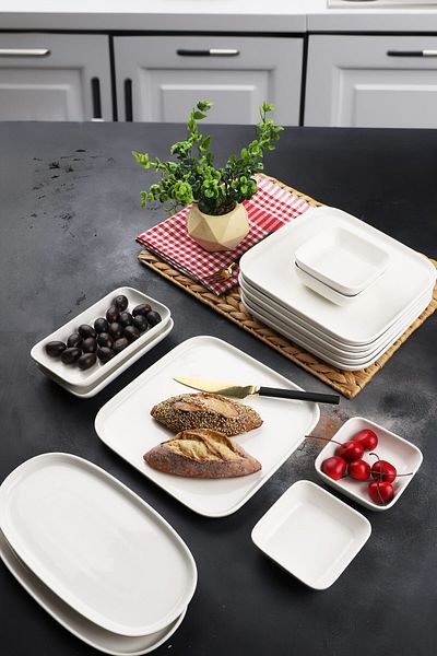 Porselen Diyarı Etka Porcelain Series 14 Piece White Square Oval Edge Breakfast Set for 6 People