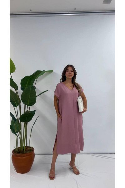 modadagiyim Rochie lejeră, lungă, supradimensionată, cu mâneci scurte, cu decolteu în V, cu fante laterale