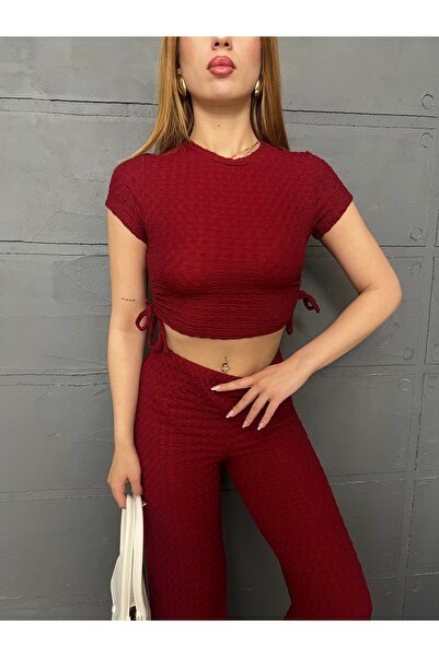 LE CARAMBOLE Women's Burgundy Textured Side Gathered Crop Pants Set of Two