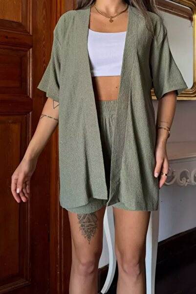 stg spor toptan giyim Women's Green Wrap Kimono Shorts Bottom Top Set