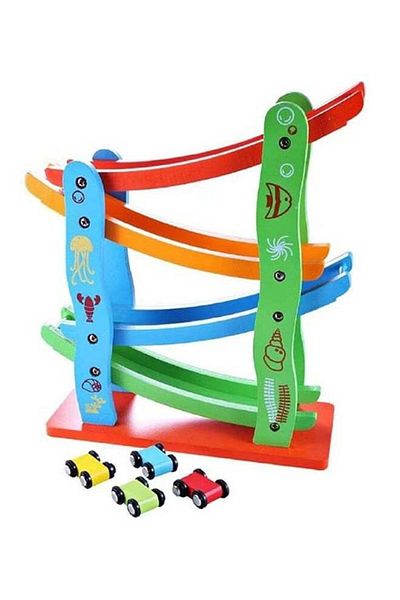 Primo Plus Colored Wooden Racing Set for Kids with Sliding Race Cart
