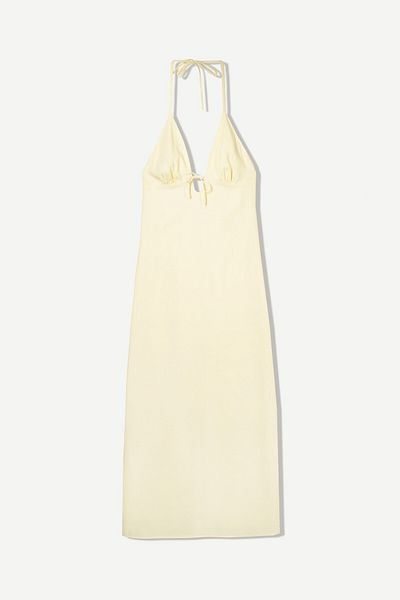 Bershka Linen blend halter midi dress with tie detail