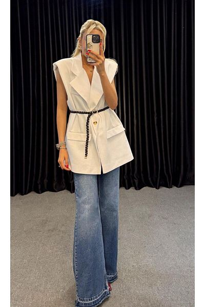 My Blog White Padded Knitted Belted Linen Vest - 7513