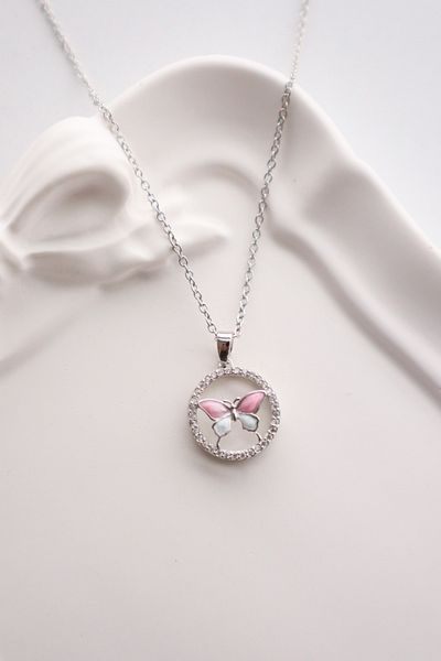 EFBUTİK Stainless Steel Silver Color Stone Round Pink Blue Butterfly Necklace