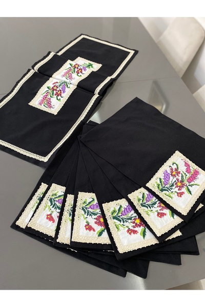 Parla Life Siyah Renk Keten Kanaviçe İşlemeli Runner x 6lı Amerikan Servisi