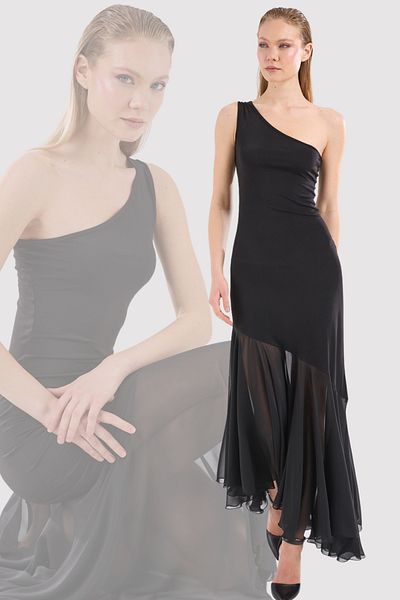 By Yaren Yazıcı One Shoulder Hem Chiffon Detail Design Evening Dress Wedding Wedding Party Graduation Dress