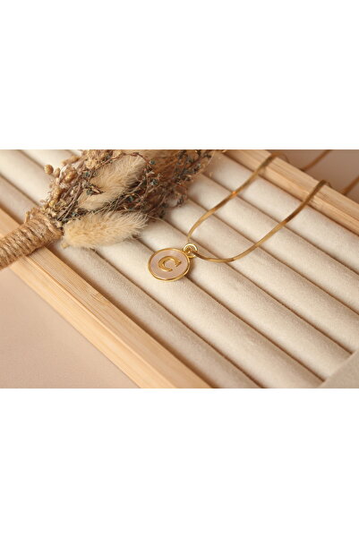 Tişt Accessory KARARMAZ ÇELİK SEDEFLİ PLAK MODEL C HARFLİ ÇELİK KOLYE