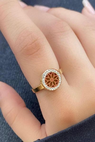 Hayalet Gold Color Flower Motif and Adjustable Steel Ring