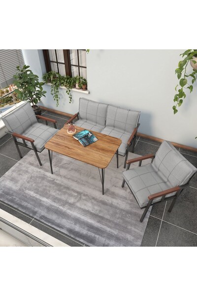 Mygusi Modern Balkon, Bahçe, Cafe - Metal Kanepe Koltuk Takımı - 2 1 1 60x90cm Masalı - Açık Gri