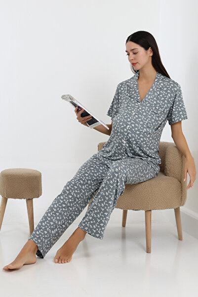 LİKAPA Likapa Buttoned Front Maternity Short Sleeve Pajama Set