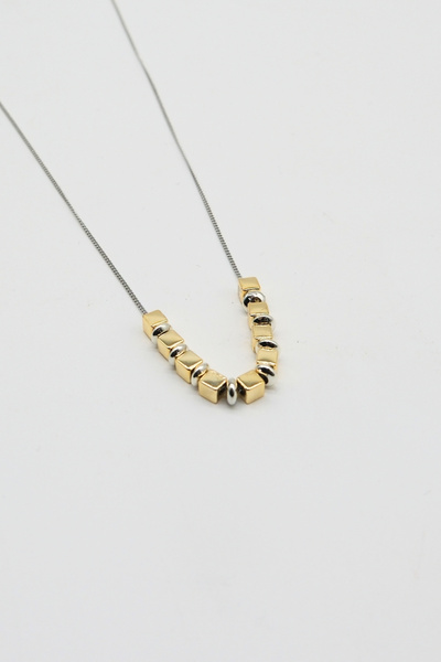 TAKIBOX Steel Silver Chain Detail Gold Cube Necklace