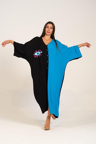 Keyifli Moda Women's Blue Black Garnished V-Neck Long Shirt Dress with Chest and Back Embroidery Pockets