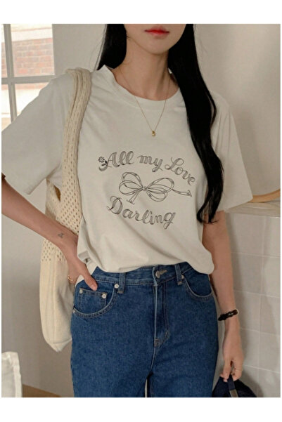 MOONBULL Women's Ribbon Printed Beige Oversize Short Sleeve T-Shirt